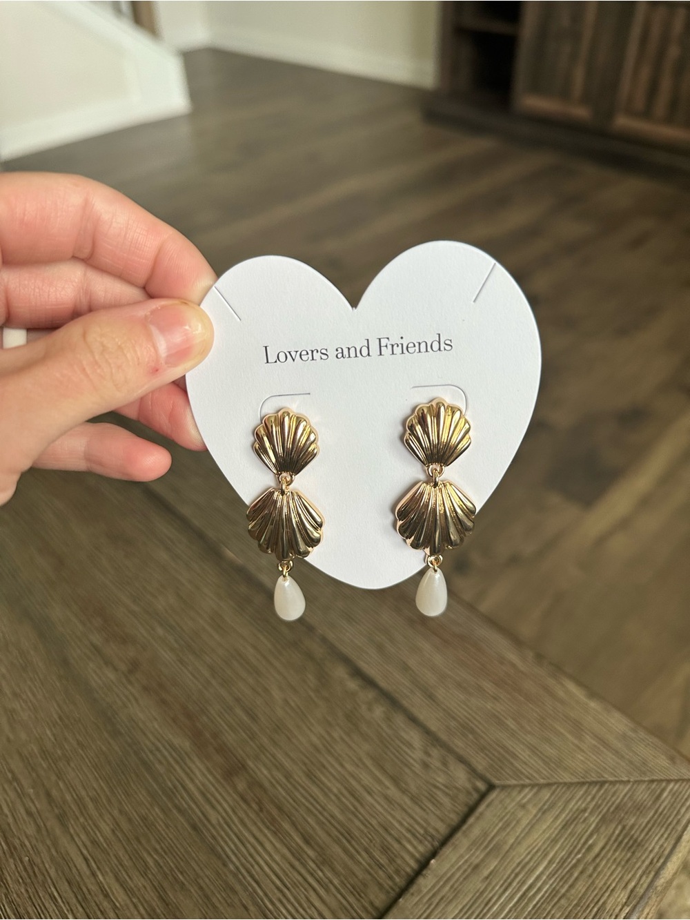 Lovers + Friends Gold Shell Drop Earrings with White Teardrop Dangle